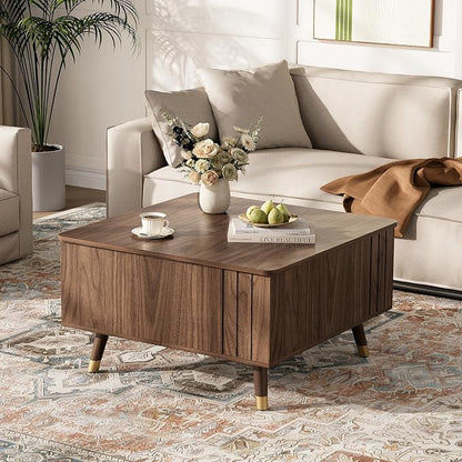 JOINICE 32" Square Lift Top Coffee Table with Storage,Mid Century Modern Walnut Center Table with Rising Desktop for Living Room, Brown Wood Finish