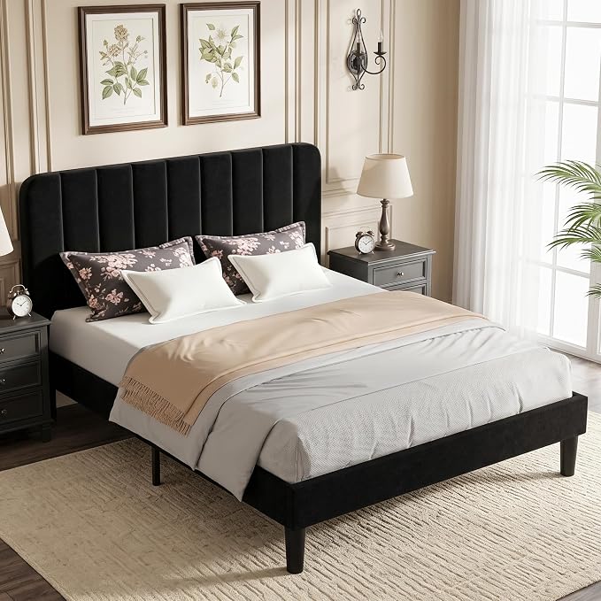 VECELO Queen Size Bed Frame with Upholstered Headboard, Velvet Platform Bedframe Mattress Foundation, Strong Wood Slat Support, No Box Spring Needed,Black
