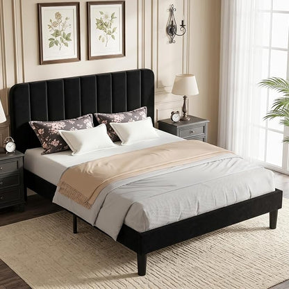 VECELO Full Size Bed Frame with Upholstered Headboard, Velvet Platform Bedframe Mattress Foundation, Strong Wood Slat Support, No Box Spring Needed,Black