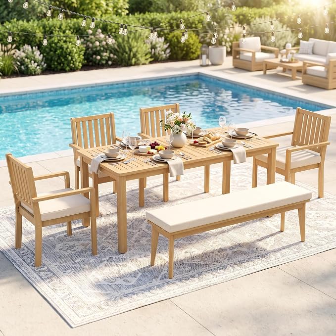 FansaFurn 6 Pieces Acacia Outdoor Patio Table and Chairs Set for 6, Outdoor Dining Table Set with Cushion, Modern Outdoor Patio Furniture Set for Backyard Garden Deck Lawn, Beige