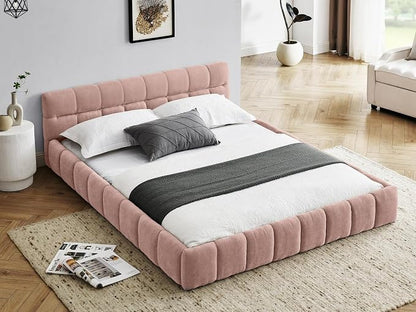 KEIKI Queen Thick Chenille Platform Bed Frame with Upholstered Tufted Headboard, Modern Solid Wood Floor Platform for Bedroom, No Box Spring Needed