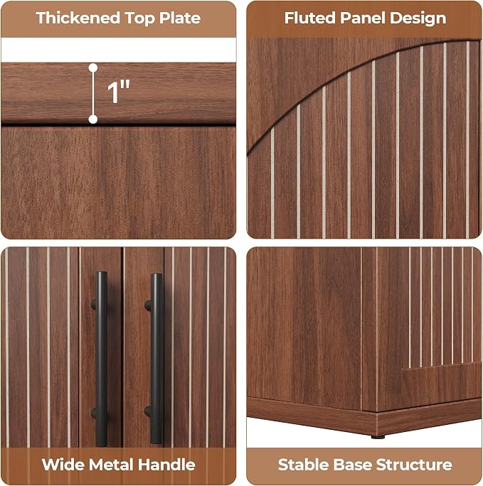 MapleGrace 31.5" Fluted Buffet Cabinet with Storage, Mid-Century Symmetrical Arched Sideboard Credenza with Adjustable Shelf, Large Wood Console Table for Dining Room, Kitchen, and Living Room(Walnut)