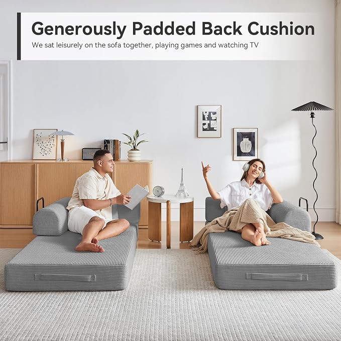 Convertible Sleeper Sofa Bed, Sleeper Sofa with Pillow | Corduroy Fabric | High-Density Sponge | Fixed-Shape Frame, Modular Sofa Bed for Living Room Lounge Studio (Light Grey)