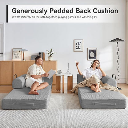 Convertible Sleeper Sofa Bed, Sleeper Sofa with Pillow | Corduroy Fabric | High-Density Sponge | Fixed-Shape Frame, Modular Sofa Bed for Living Room Lounge Studio (Light Grey)