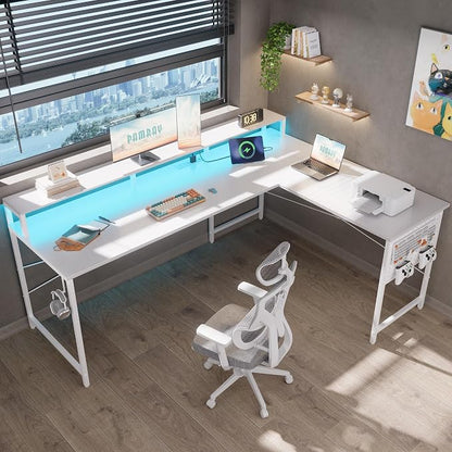 Pamray 64 Inch L Shaped Gaming Desk with Power Outlets and Led Lights, Large Corner Computer Desk with Monitor Stand and Pegboard, PC Table for Home Office and Bedroom White