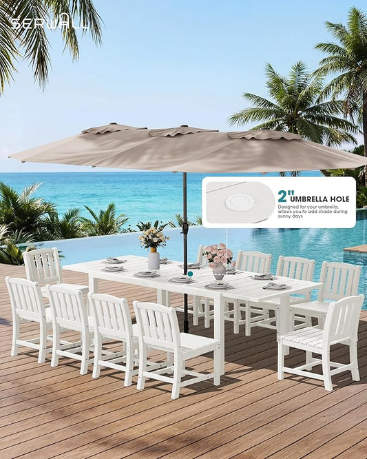 SERWALL Outdoor Patio Dining Set for 8, White | 60" - 83" Expandable Outdoor Dining Table and 8 HDPE Chairs, All Weather Material Outdoor Furniture Set Backyard, Garden