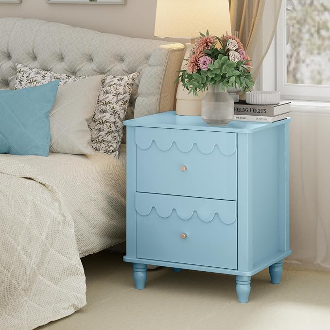Anbuy Blue Nightstand Set of 2 with Petal Pattern, Modern Night Stand Set 2 with 2 Drawers for Bedroom, Side End Table Scalloped Bedside Night Tables with Solid Wood Legs