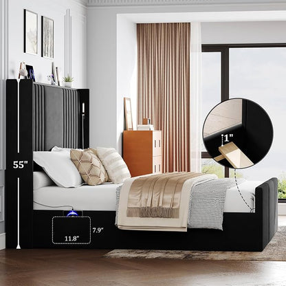 King Size Bed Frame with 55.1" Tall Headboard, Velvet Upholstered Platform Bed with Channel Tufted Wingback, 2 Reading Lights/Storage Shelf/Charging Station/Easy Assembly/Noise-Free, Black