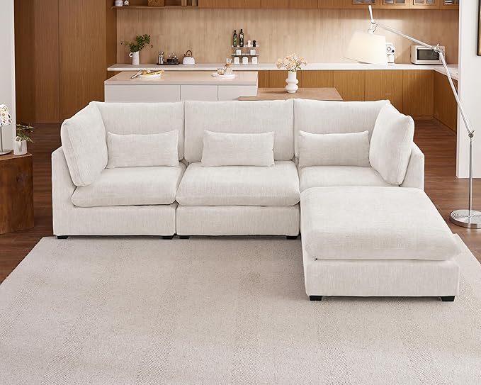 115" Oversized Chenille Couch Modular Sectional Sofa, Washable Cloud Couch Sectional with Ottoman, 4 Seater Sectional Couches for Living Room, Fully Cover Removable, L Shaped, Chenille, White