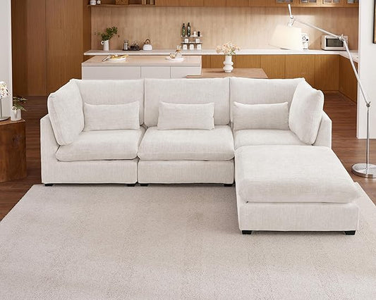 115" Oversized Chenille Couch Modular Sectional Sofa, Washable Cloud Couch Sectional with Ottoman, 4 Seater Sectional Couches for Living Room, Fully Cover Removable, L Shaped, Chenille, White