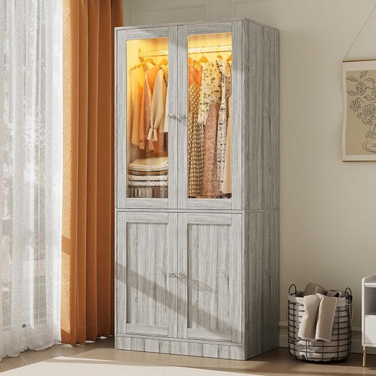 VOWNER 75" Tall Armoire Wardrobe Closet with Drawers & Lights, Clothing Storage Cabinet with 2 Glass Doors & Hanging Rod, Wooden Armoire Storage Cabinet for Bedroom (Grey Oak, 75''H)