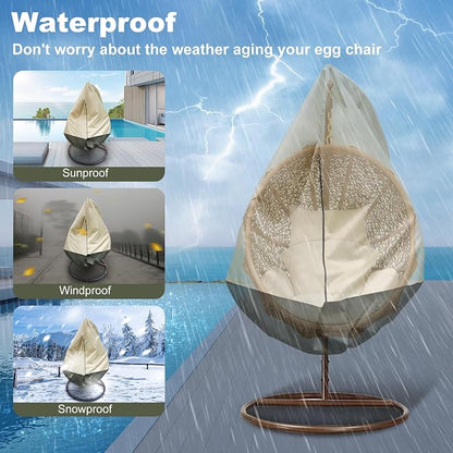 Egg Chair Cover Waterproof, 75x45 Inch Outdoor Hanging Egg Swing Chair Cover, Heavy Duty 420D Oxford Fabric, UV Resistant Windproof with Zipper & Drawstring, Fits Single Seat Egg Chair (Beige)