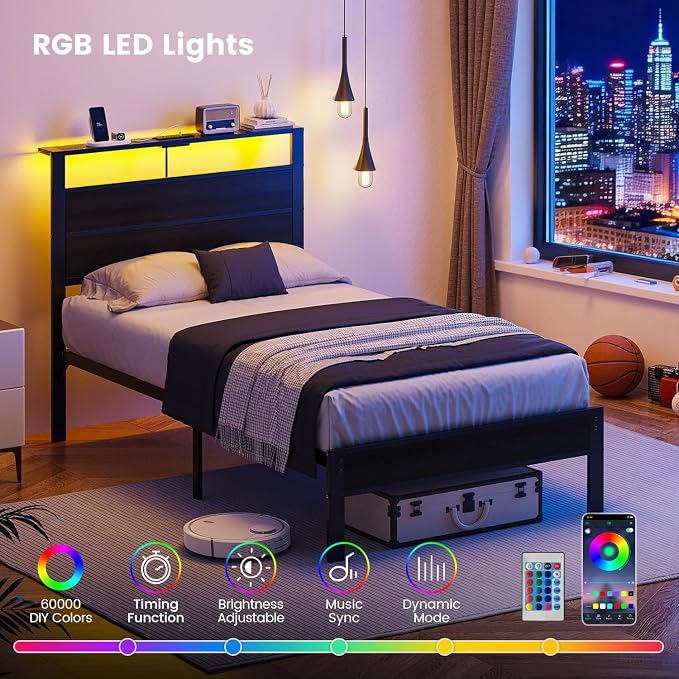 Twin Bed Frame with LED Lights & USB Charging Station, Black Metal Platform Bed with Storage Headboard, Under-Bed Space, Noise-Free & Sturdy, No Box Spring Needed, Easy Assembly