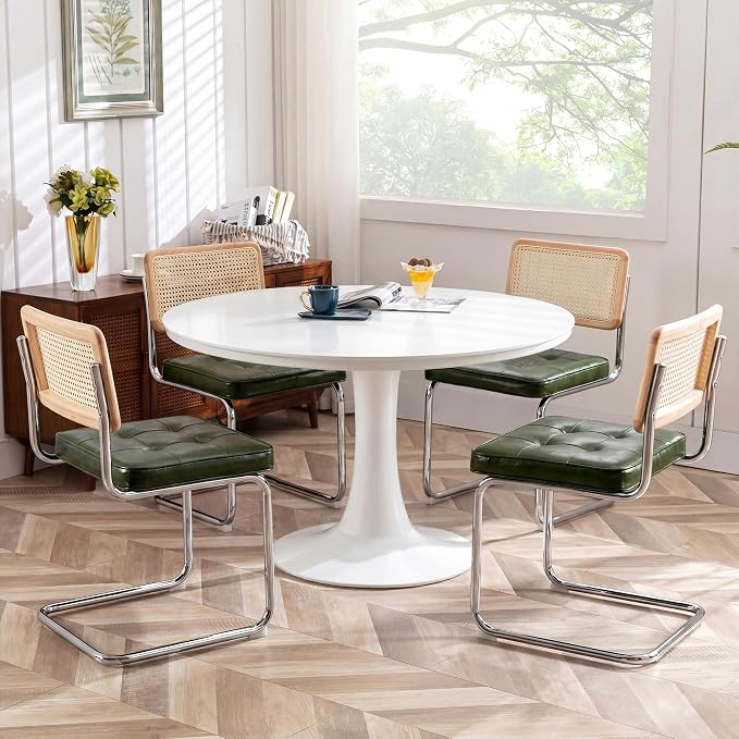 Zesthouse Natural Rattan Dining Chairs Set of 2, Mid Century Modern Dining Room Chairs with Chrome Leg, Faux Leather Kitchen Chair with Solid Wood Back & Cane Mesh, Breuer Cesca Design Inspired, Green