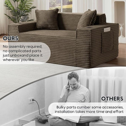 Boneless Sectional Sofa Couch with Cup Holders & Side Pockets, Modern Corduroy Fabric Deep Seat Loveseat Cloud Couch for Living Room Office, No Assembly (Brown)