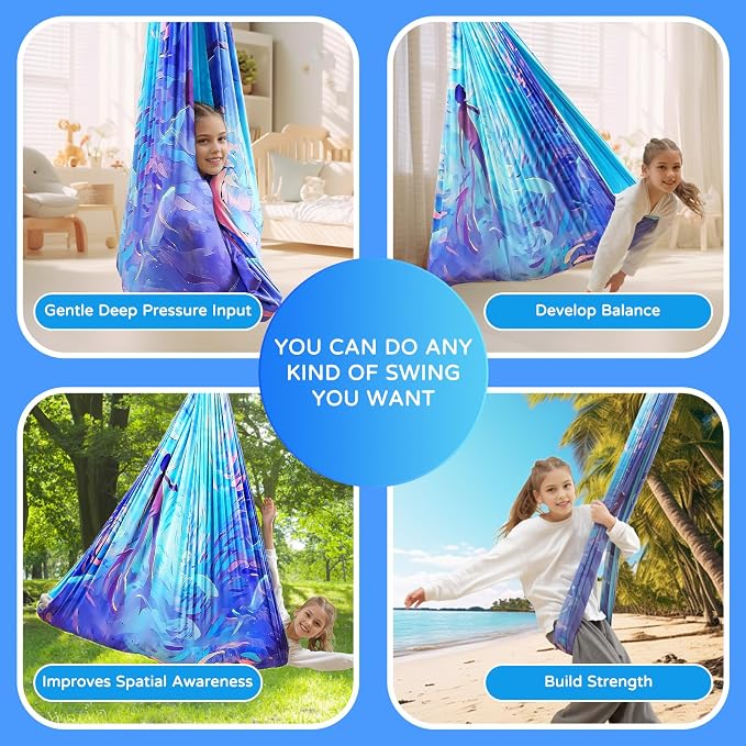 Sensory Swing for Kids and Adults Indoor & Outdoor Double Layer Therapy Cuddle Holds up to 300lbs Adjustable Hammock Chair with 360° Swivel Hanger Kit Effect for Aspergers Autism ADHD(Cerulean)