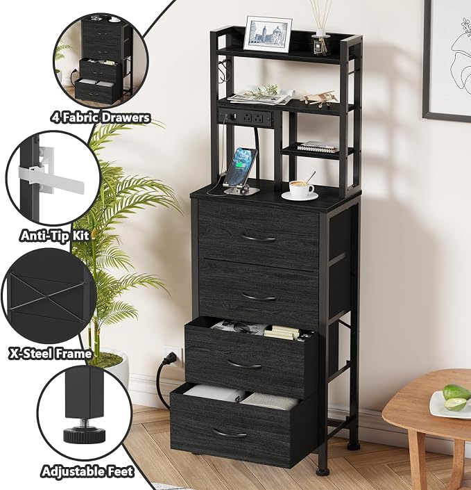 Furnulem Tall Nightstand, LED Night Stand with Charging Station and USB Ports, 4 Fabric Drawers and 4 Tier Storage Shelf, Nightstands Bedside Tables for Bedroom, Dorm, Office (Black Oak)