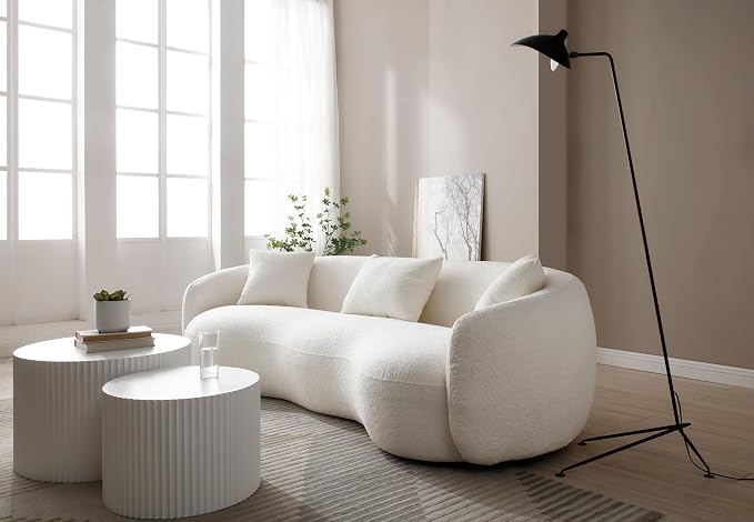 KEIKI 94" Boucle Half Moon Curved Sectional Sofa with 3 Throw Pillows, Modern Style 4-Seater Teddy Fleece Leisure Couch with Curved Backrest, Easy Assembly, for Apartment, Living Room, Bedroom, Whtie