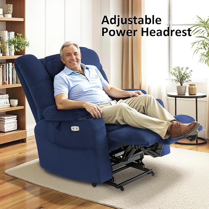 MCombo Big Man Power Lay Flat Lift Chair, Triple Motor Power Lift Recliner with Massage & Dual Heating, Adjustable Headrest, Fabric R7635 (Navy Blue, Large-Wide)