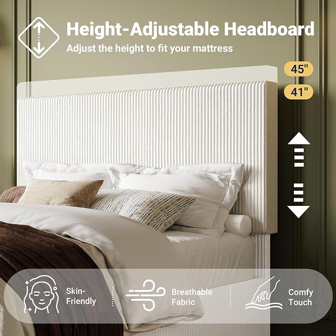 Allewie Queen Bed Frame, Upholstered Platform Bed, Adjustable Vertical Channel Tufted Headboard, Corduroy Fabric, Modern Low Profile, Wooden Slats, No Box Spring Needed, Easy Assembly, White
