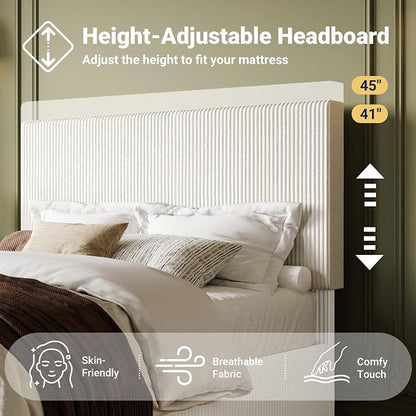 Allewie Queen Bed Frame, Upholstered Platform Bed, Adjustable Vertical Channel Tufted Headboard, Corduroy Fabric, Modern Low Profile, Wooden Slats, No Box Spring Needed, Easy Assembly, White