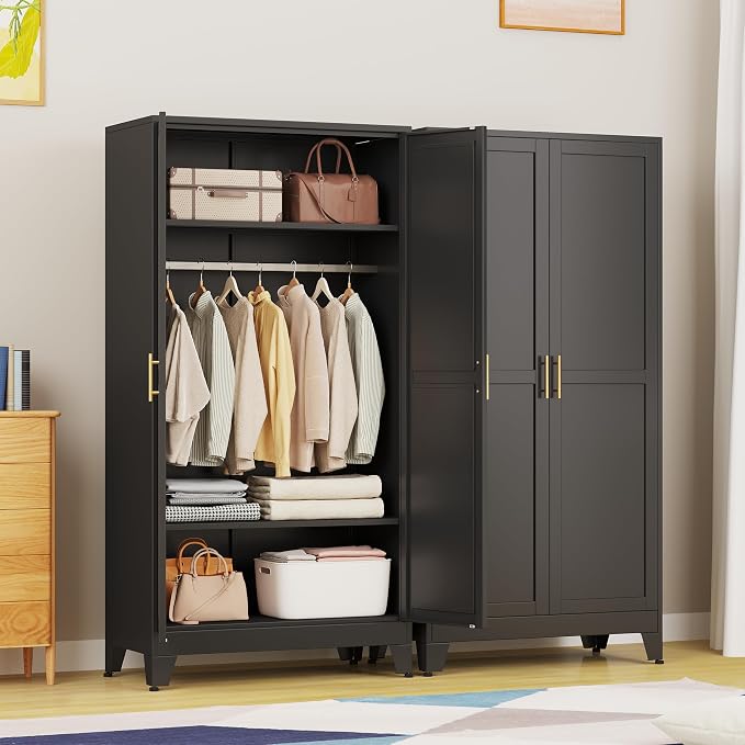 PAOFIN 71" Metal Armoire Wardrobe Closet, Bedroom Clothing Storage Cabinet with 2 Drawers and Hanging Rod, Freestanding Armoire Cabinet with Adjustable Shelves (Black)