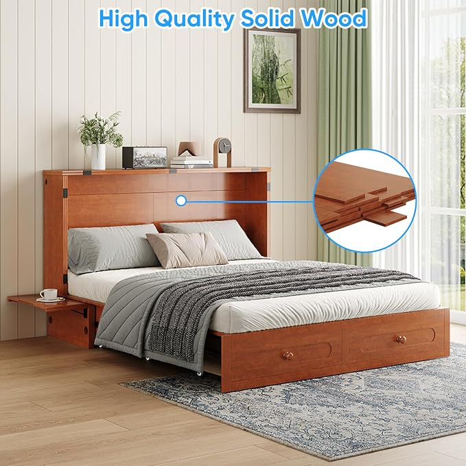 PUREMIND Queen Murphy Bed, Solid Wood Folding Convertible Bed, Hideaway Cabinet Bed with Storage Drawer & USB Charging Station, Space Saving Wallbed for Small Spaces, No Mattress Included, Cherry