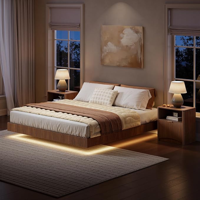 Evermagin Bedroom Furniture Set-Bed with 2 Nightstands, Mid Century Modern Bedroom Set, Floating Bed Frame Led Lights, Fluted Floating Room Furnitures, 3-Piece Room Set (Wal, King)