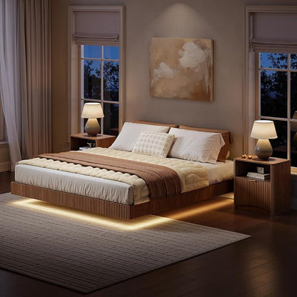 Evermagin Bedroom Furniture Set-Bed with 2 Nightstands, Mid Century Modern Bedroom Set, Floating Bed Frame Led Lights, Fluted Floating Room Furnitures, 3-Piece Room Set (Wal, King)