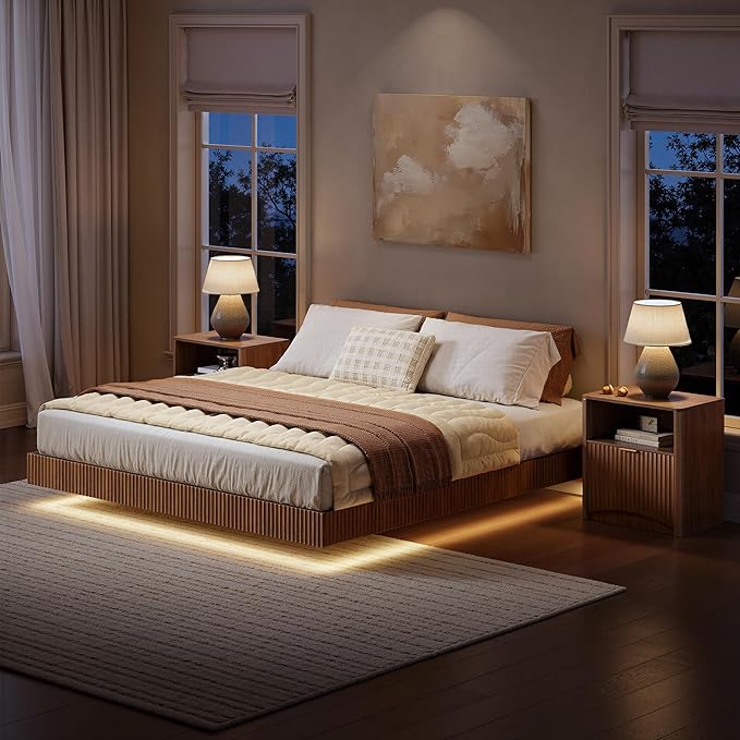 Evermagin Bedroom Furniture Set-Bed with 2 Nightstands, Mid Century Modern Bedroom Set, Floating Bed Frame Led Lights, Fluted Floating Room Furnitures, 3-Piece Room Set (Wal, Queen)