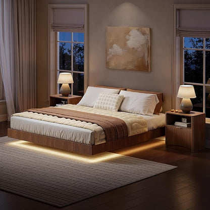 Evermagin Bedroom Furniture Set-Bed with 2 Nightstands, Mid Century Modern Bedroom Set, Floating Bed Frame Led Lights, Fluted Floating Room Furnitures, 3-Piece Room Set (Wal, Queen)