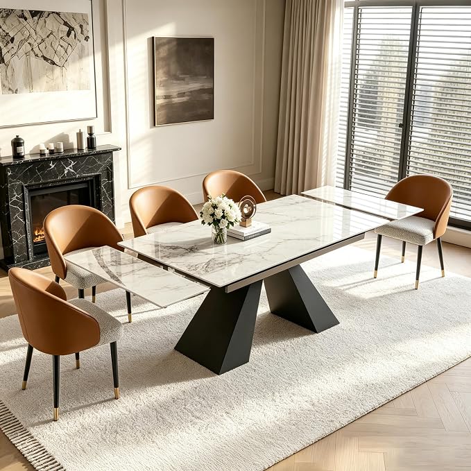 Marble Expandable Table 63 to 94.5 Inch Expansion Sintered Stone Table for 6-10 People, Scratch Resistant Heat Resistant Easy Clean, Kitchen Living Room Folding Dining Table