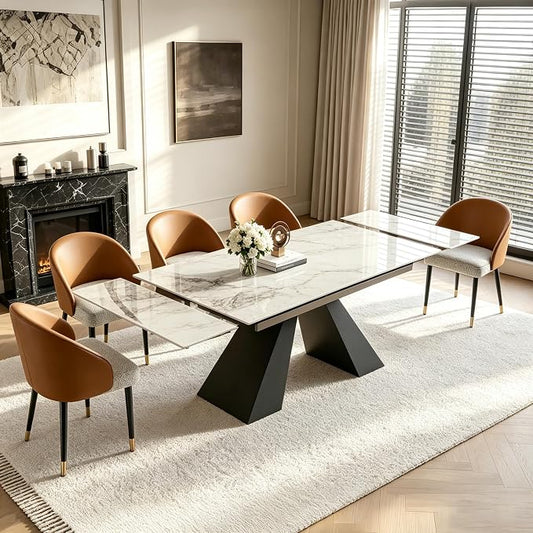 Marble Expandable Table 63 to 94.5 Inch Expansion Sintered Stone Table for 6-10 People, Scratch Resistant Heat Resistant Easy Clean, Kitchen Living Room Folding Dining Table