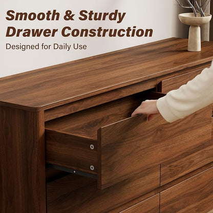 Walnut Mid-Century Modern 3 Piece Bedroom Furniture Set, 6 Drawer Dresser with Handleless Wood Grain Design and Nightstands Set of 2, Minimalist Storage Dresser for Bedroom