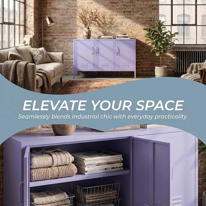 Purple Metal Storage Cabinet 3 Door Wide Metal Storage Cabinet 2 Layer Adjustable Shelves 32 "H Wide Steel Lockable Storage Cabinet Multipurpose Metal Accent Cabinet for Office/Home/Dining