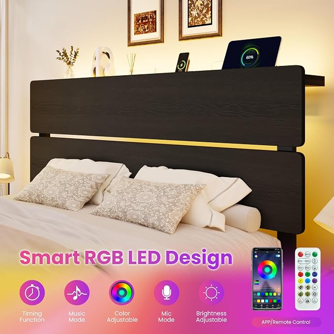 SHA CERLIN Full Size Bed Frame with Led Light & Built-in Charging Station, Wooden Headboard with Storage Shelf, Metal Platform Bed, Under Bed Storage, No Box Spring Needed, Noise Free, Black