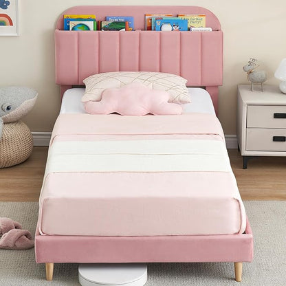 GarveeHome Twin XL Bed Frame with Storage Headboard, Velvet Upholstered Platform Bedframe for Kids, Girl Bed, Strong Wooden Slats, Noise-Free, Easy Assembly, No Box Spring Needed, Pink