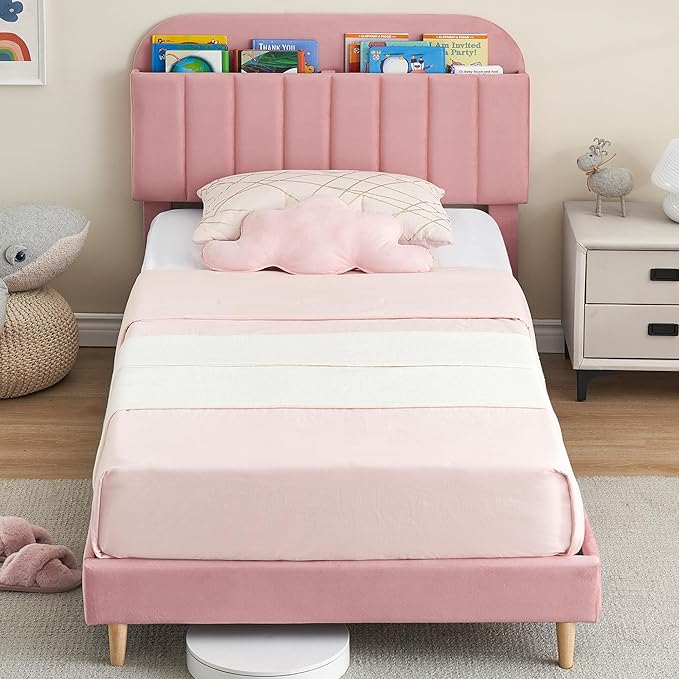 GarveeHome Twin Bed Frame with Storage Headboard, Velvet Upholstered Platform Bedframe for Kids, Girl Bed, Strong Wooden Slats, Noise-Free, Easy Assembly, No Box Spring Needed, Pink