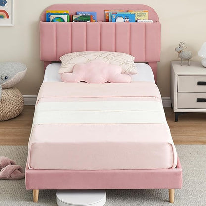 GarveeHome Twin Bed Frame with Storage Headboard, Velvet Upholstered Platform Bedframe for Kids, Girl Bed, Strong Wooden Slats, Noise-Free, Easy Assembly, No Box Spring Needed, Pink