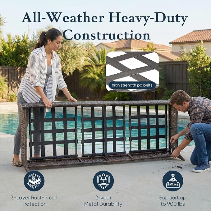 Belord Luxury 6" Thick Cushioned PE Wicker 3-Seater Outdoor Couch, All-Weather Comfortable Modern Patio Sofa, High Back Deep Seat Woven Outdoor Furniture for Porch Balcony, Lawn, Deck - BrownBlue