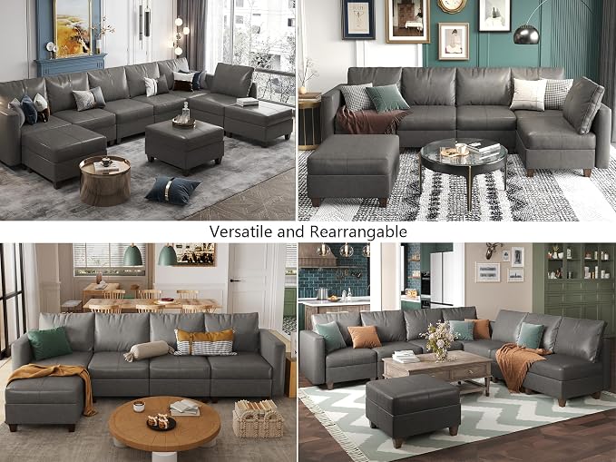 EASE MOOSE Faux Leather Sectional Modular Sofa with Storage,Comfortable Faux Leather Modular Sectional Couch for Living Room,Grey