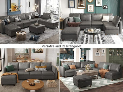 EASE MOOSE Faux Leather Sectional Modular Sofa with Storage,Comfortable Faux Leather Modular Sectional Couch for Living Room,Grey