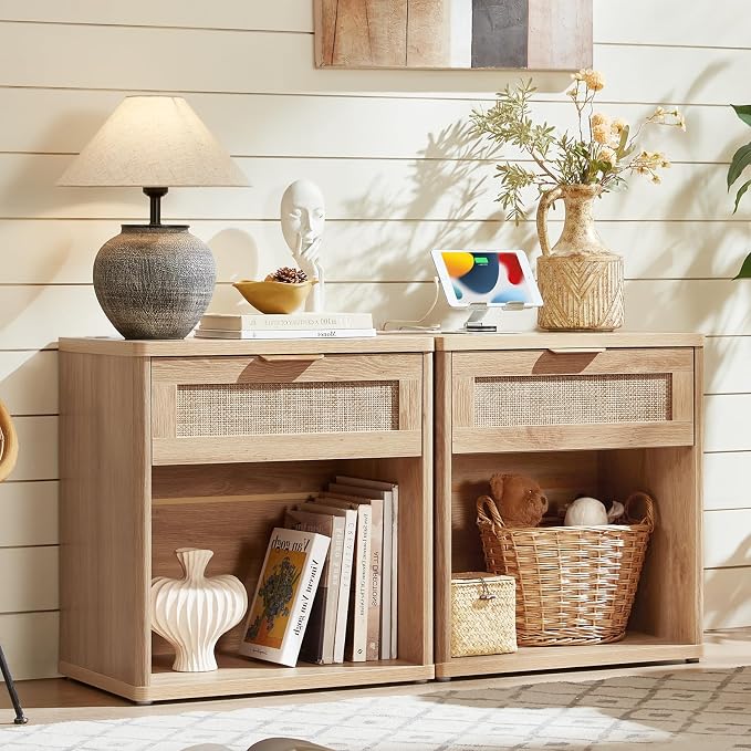 LEYAOYAO Rattan Nightstand with Charging Station, Natural Wood Night Stand with Drawer, 23" Wide Boho Bedside Table with Storage Shelf, Bed Side End Tables for Bedroom, Living Room, Hallway