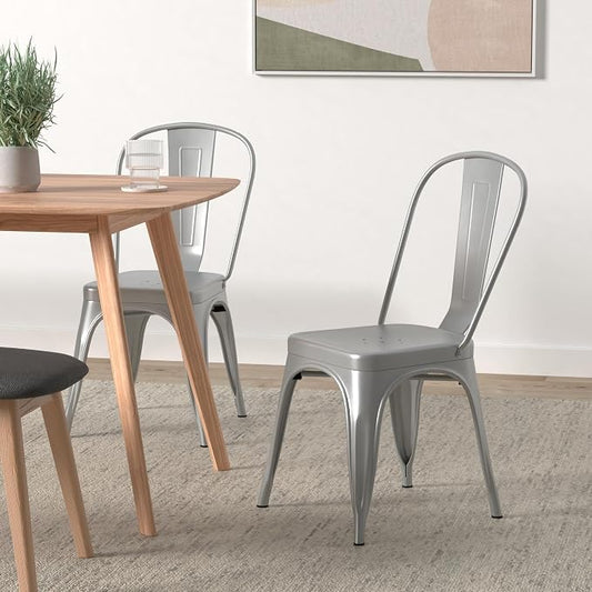 Devoko Metal Indoor-Outdoor Chairs Distressed Style Kitchen Dining Chairs Stackable Side Chair with Back Set of 4 (Silver)
