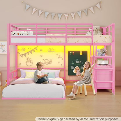busyaeh Bunk Bed Twin Over Twin 8 Drawer & 4 Shelve, 15" H Safety Guardrail | bunk Bed with Desk, Low bunk bed with LED Lights & Charging Station,L-Shaped Bunk Beds with Stairs,Girls bunk bed,Pink