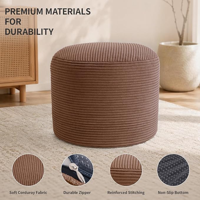 Stuffed Pouf Ottoman Foot Rest with 2.8-inch Solid Foam Base | Odorless Filling Resists Clumping, Washable Corduroy Cover, Round Foot Stool for Living Room Couch Lounging and Home Decor