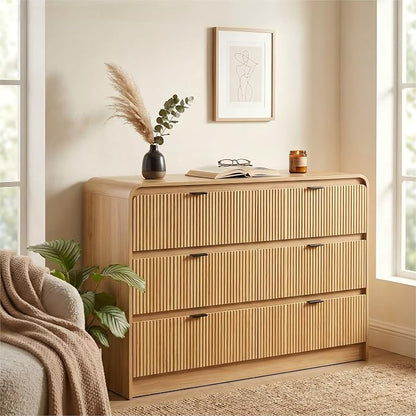 FURSUN Fluted 6 Drawers Dresser for Bedroom, 54" Wide Wooden Dresser with Metal Handle, Curved Profile Design, Modern Storage Organizer for Bedroom, Living Room, Hallway, Natural Oak