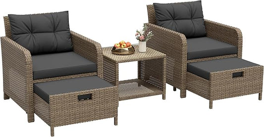 LHBcraft Outdoor Furniture 5 Piece Patio Conversation Set, PE Rattan Patio Set with Soft Cushions & Coffee Table, Outside Furniture with Hidden Ottoman for Porch, Lawn, Garden, Balcony, Black