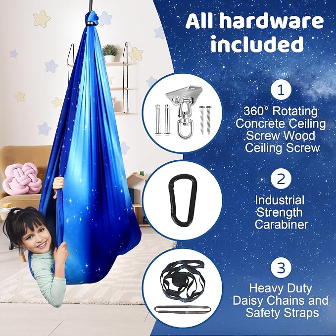 HiCamer Double Layer Sensory Swing for Kids & Adults Holds up to 300lbs Indoor and Outdoor Therapy Cuddle Swing with 360° Swivel Hanger Kit Adjustable with Aspergers Autism ADHD (Star Blue)