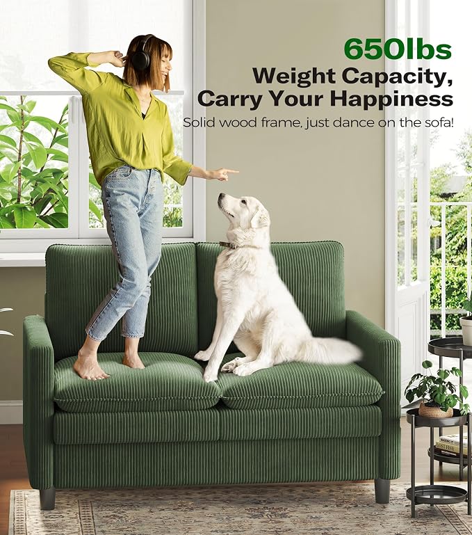 Welzona 3-Layers Cloud Loveseat Sofa, 51" Corduroy Small Couch for Living Room, Bedroom - Tool-Free Assembly Small Sofa - Green - Futon Couch - Removable Washable Covers - 650lbs Capacity